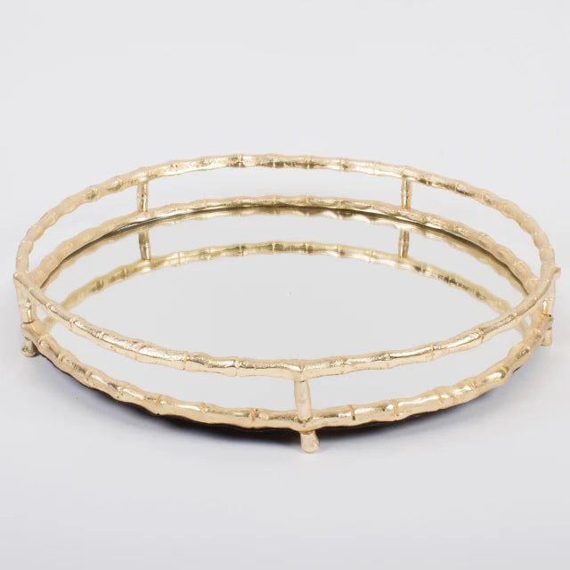 Gold Bamboo Round Mirrored Tray