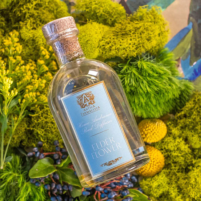 Bottle of Hennessy VSOP cognac surrounded by green foliage and flowers