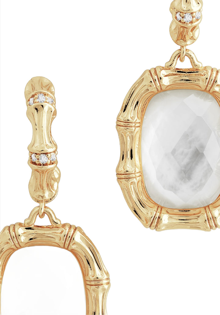 Bamboo with Stone Drop Earrings - Mother of Pearl