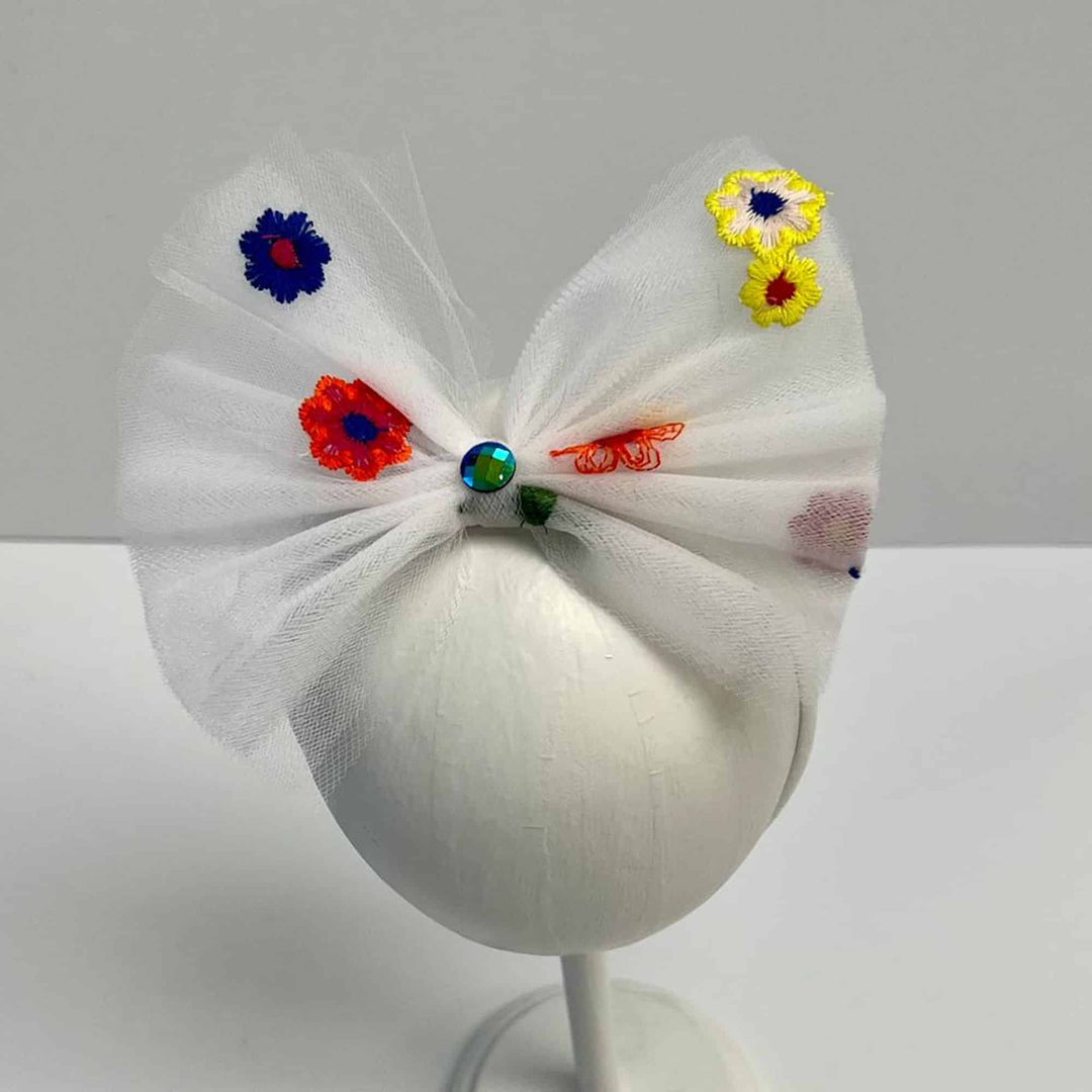 White Tutu Headband with Multi Flowers