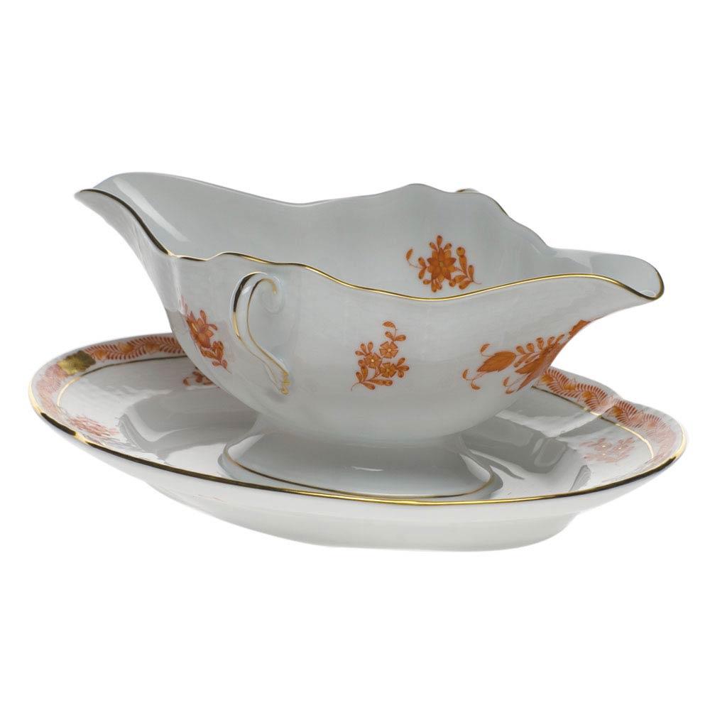 Chinese Bouquet Rust Gravy Boat With Fixed Stand