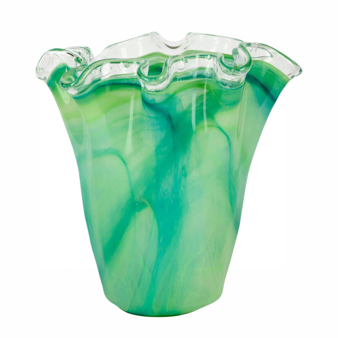 Onda Glass Green Ruffled Vase