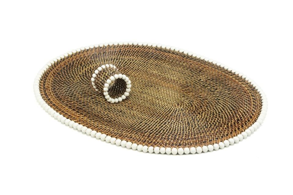 Placemat Oval With Beads White Set of 4 pcs