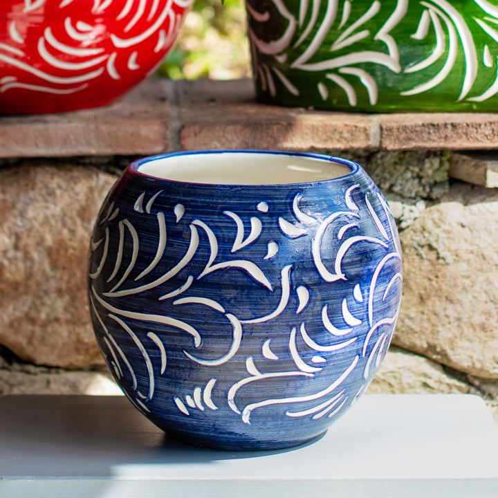 Rustic Garden Blue Scroll Small Round Planter