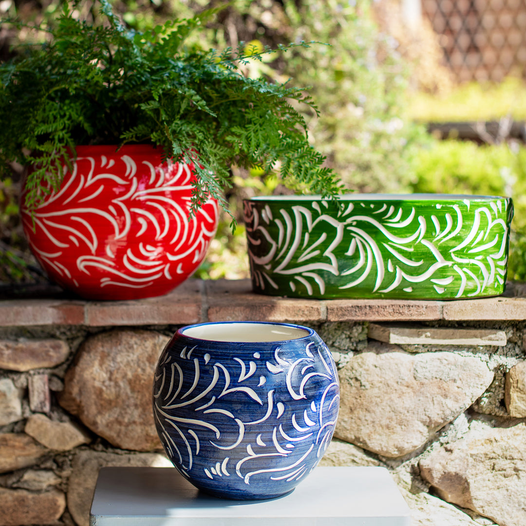 Rustic Garden Blue Scroll Small Round Planter