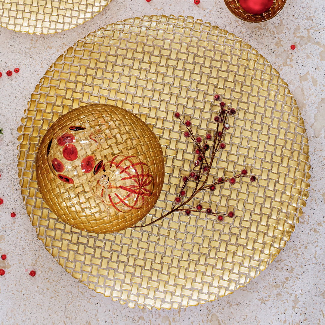 Rufolo Glass Gold Basketweave Large Round Platter