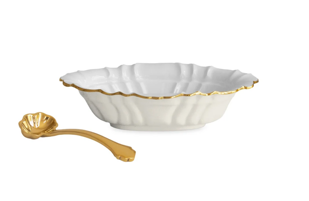 Encanto Tuscany Small Oval Bowl with Spoon Cream and White