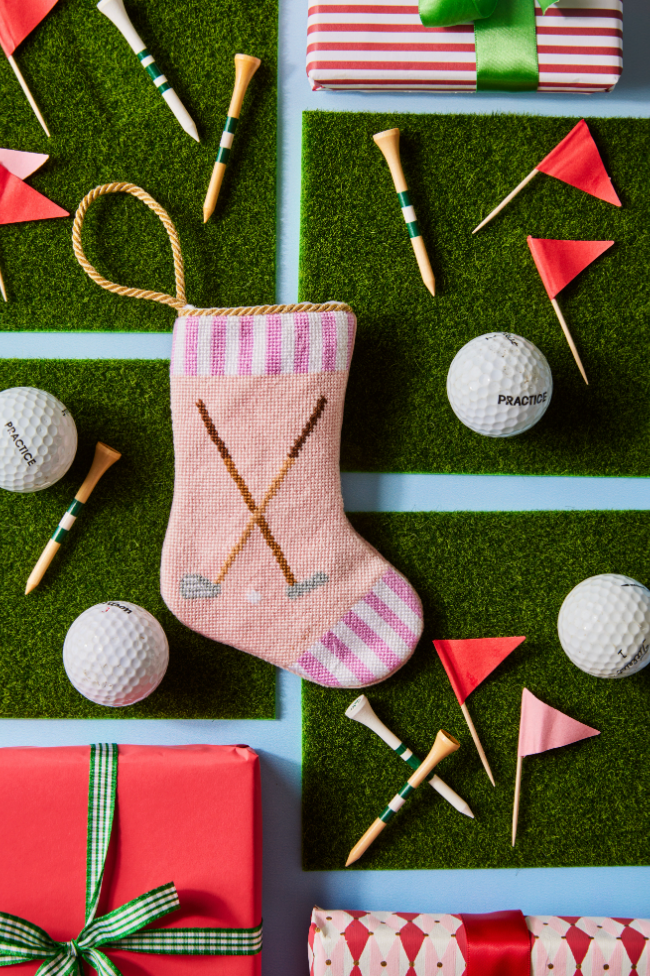 Tee Time Tidings in Pink Bauble Stockings
