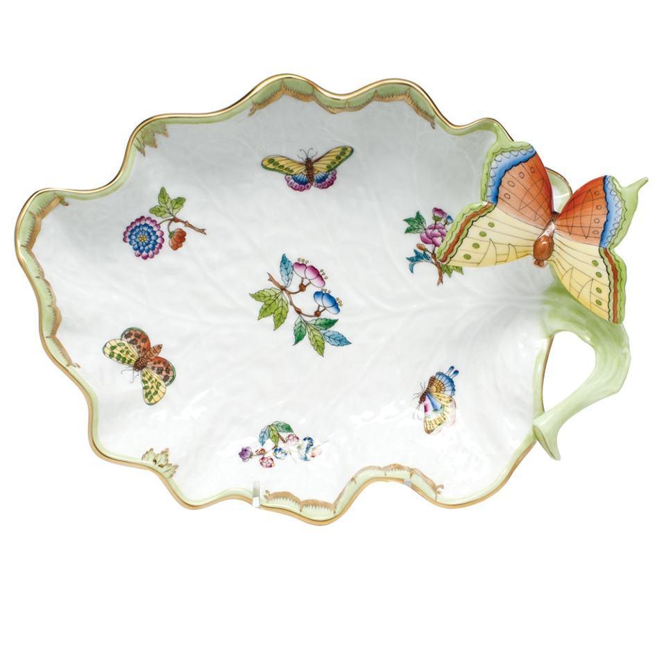 Queen Victoria Green Large Leaf Dish With Butterfly