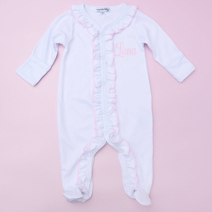 Baby Girl White Ruffle Footie with Pink Trim - Soft Pima Cotton