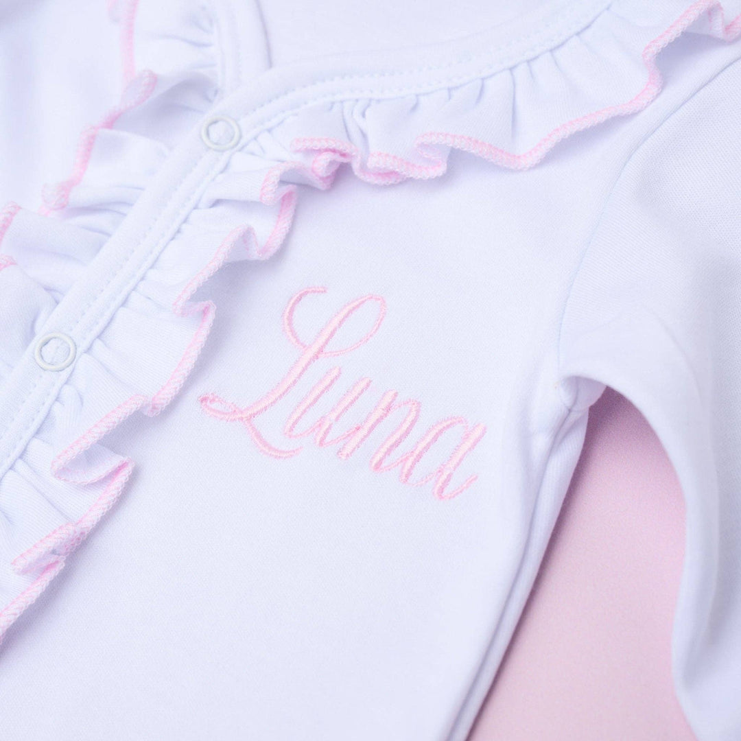 Baby Girl White Ruffle Footie with Pink Trim - Soft Pima Cotton
