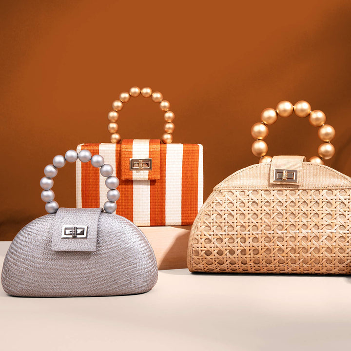 Orange Stripe Clutch Bag | Gold Bead Handle | Artisanal Luxe