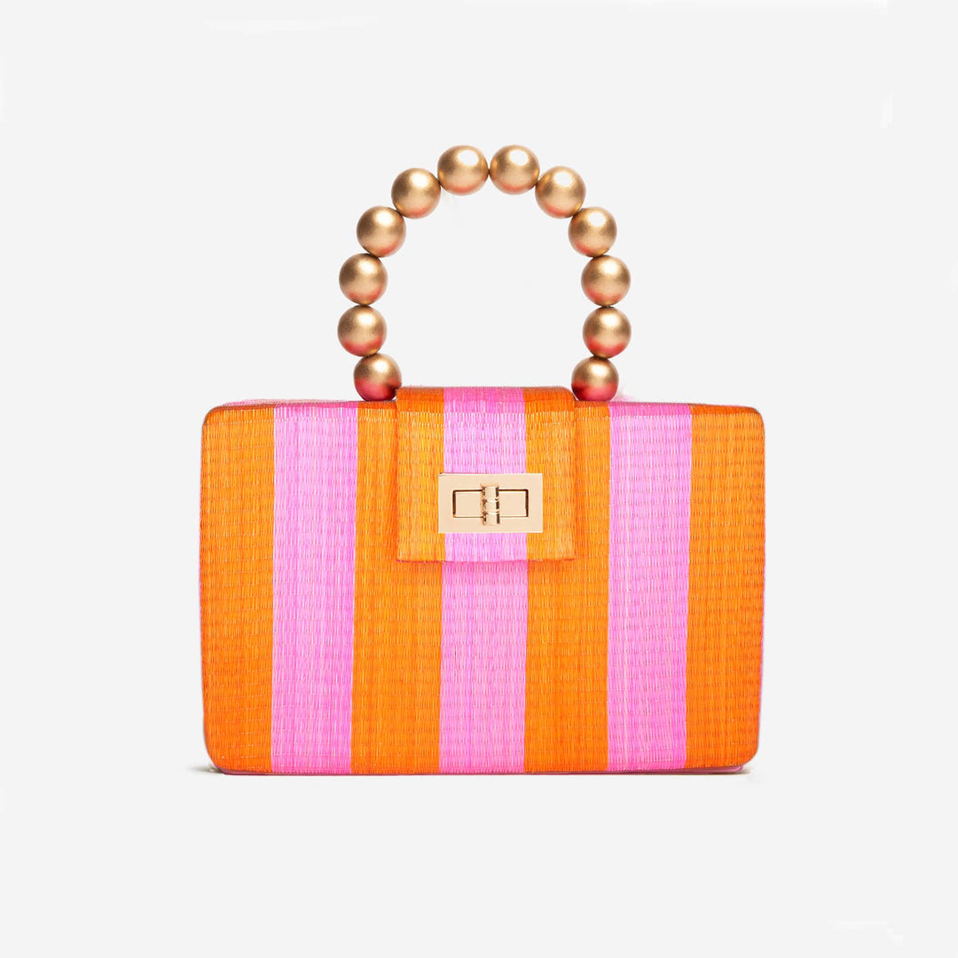 Pink & Orange Stripe Bag | Gold Handle | Statement Clutch