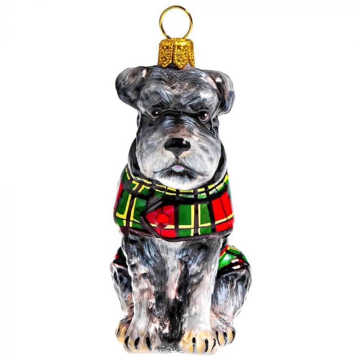 Schnauzer Gray with Floppy Ears in Tartan Plaid Coat Christmas Ornament