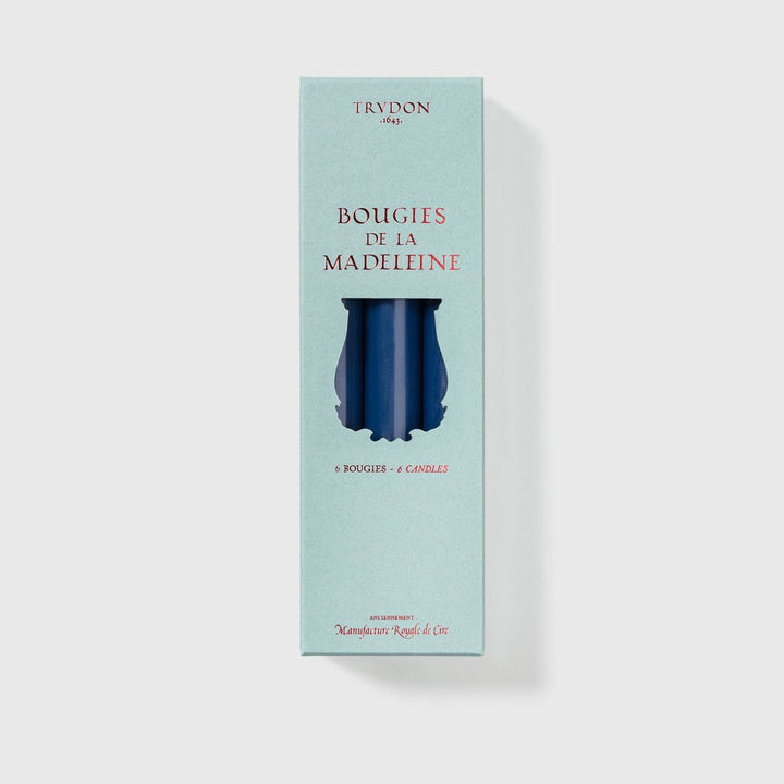 Box of 6 Madeleine Navy Blue Taper Candles (no gold emblem)